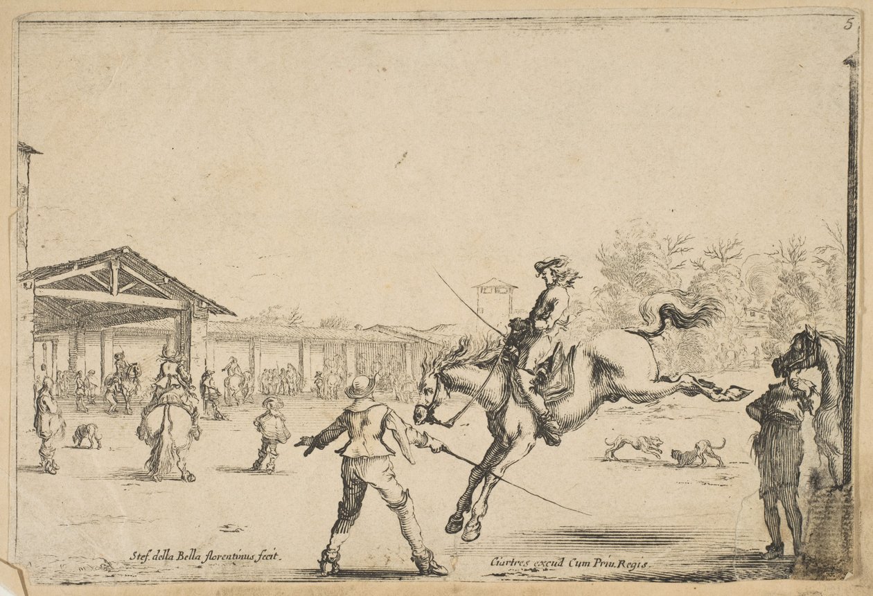 Egy lovasiskola, egy lovas kardos ugrással, akit egy másik férfi irányított karddal..., kb. 1645. alkotó: Stefano della Bella