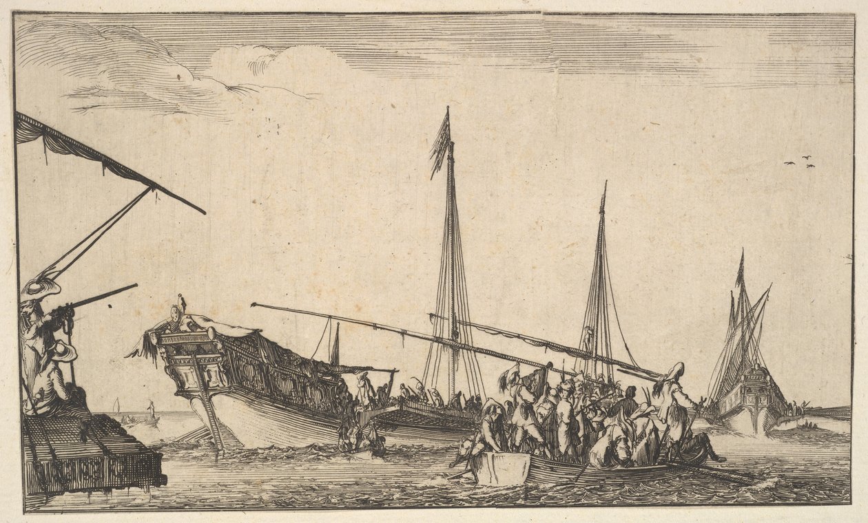 Jobb oldalon egy evezős csónak emberekkel, hátul balra egy hajó evezős csónakba ereszkedő férfiakkal..., 1639. alkotó: Stefano della Bella