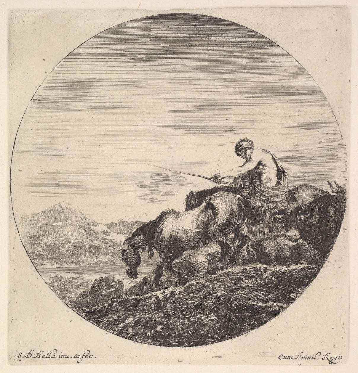 Egy pásztor jobbra, balra fordulva, egy állatcsoportot hajt lefelé, egy kerek komp..., kb. 1643-48. alkotó: Stefano della Bella