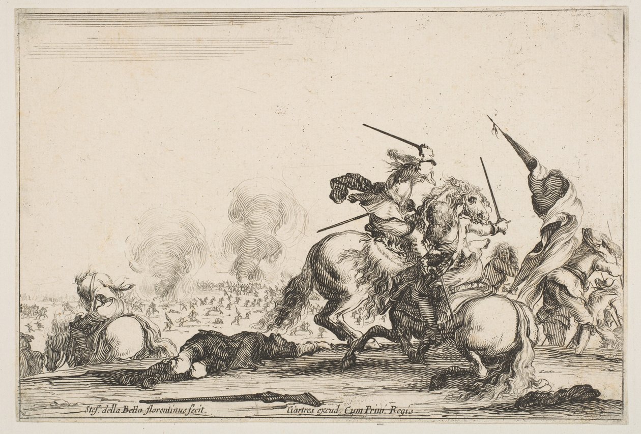 Csete, jobbra két lovas karddal harcol, zászlót vivő férfiak rohannak..., kb. 1645. alkotó: Stefano della Bella