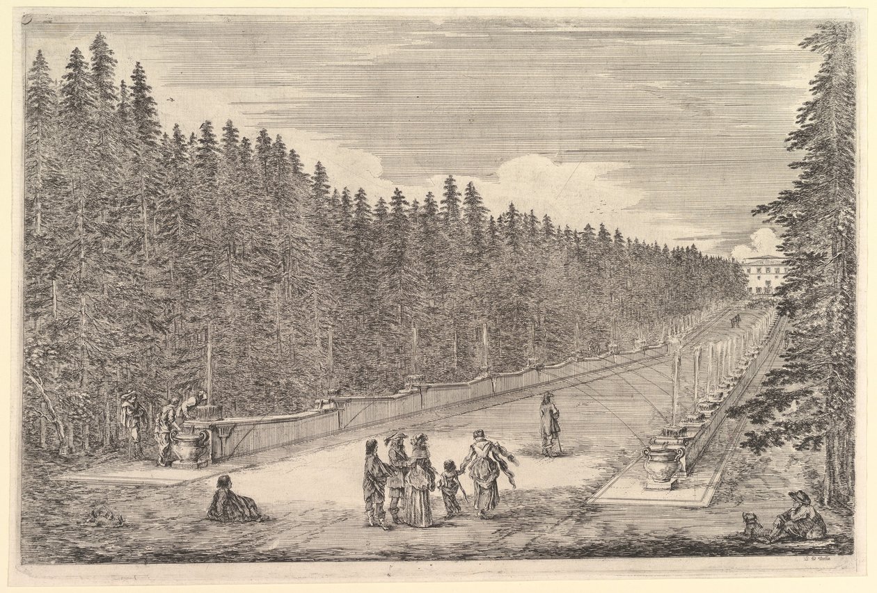 Egy szökőkutak sikátora, egy embercsoport a közepén, egy férfi és egy kutya ül jobbra, két..., kb. 1653. alkotó: Stefano della Bella