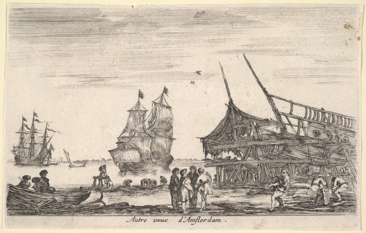 Egy másik nézet az Amsterdam Autre vue dAmsterdamról, egy négy emberből álló csoport áll a középpontban a ..., 1647-ben. alkotó: Stefano della Bella