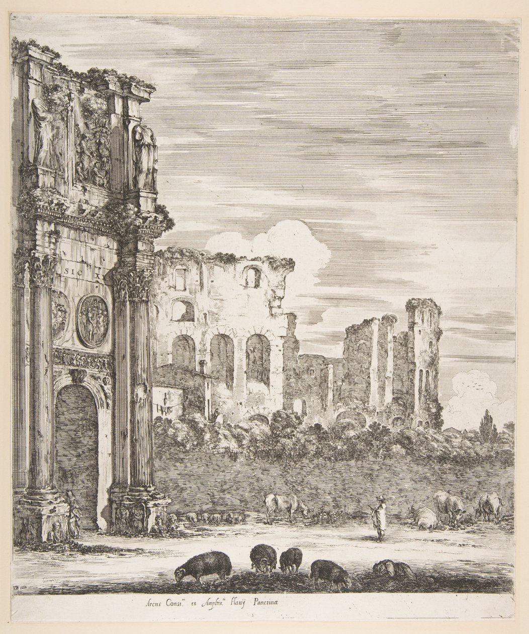 Constantinus diadalíve és a Colosseum legelésző juhokkal az előtérben, a „Hat nagy látkép, négy Rómáról és kettő a római Campagnáról” című sorozatból (Hat nagy látkép, ebből négy Rómáról és kettő a római Campagnáról) alkotó: Stefano della Bella
