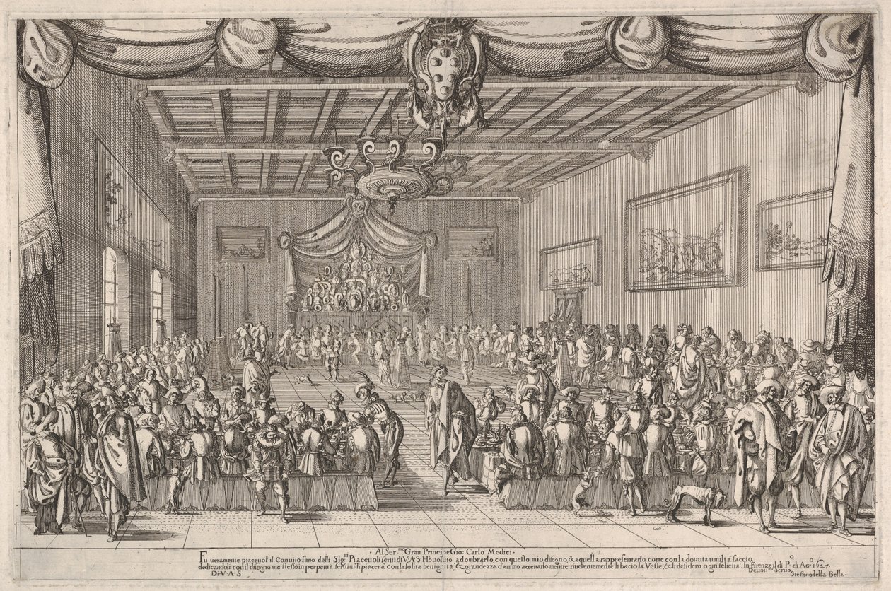 A Piacevoli-család bankettje, középen felül a Medici-címer alkotó: Stefano della Bella