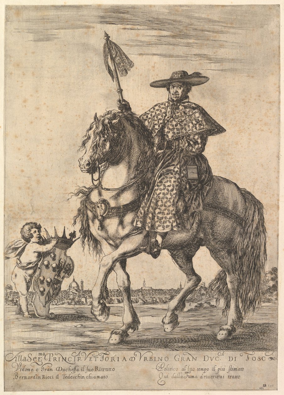 Bernardino Ricci, il Tedeschino, egy ló tetején, középen, balra lovagol, w..., 1637. alkotó: Stefano della Bella