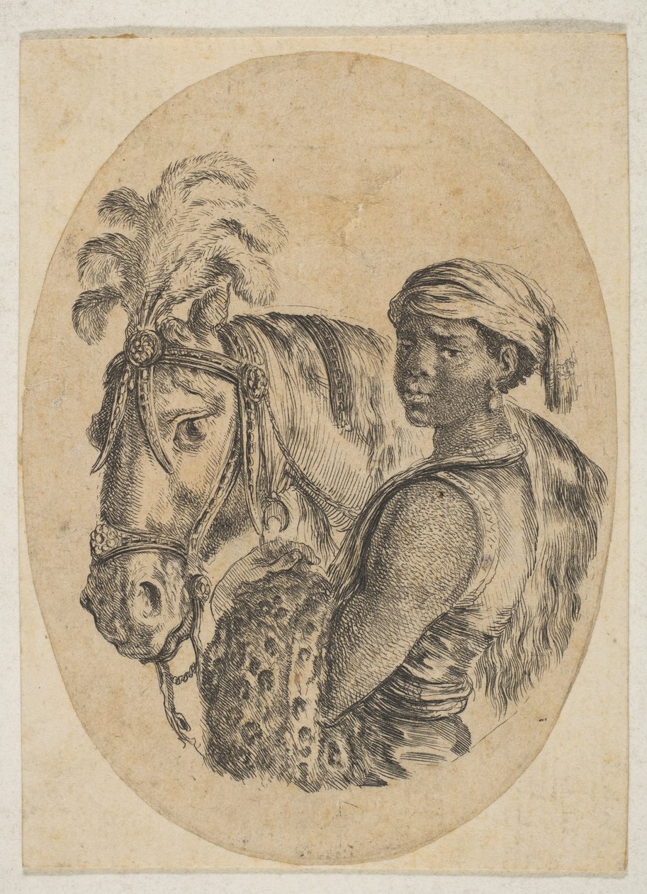 Fekete rabszolga leopárdbőrt cipel és ló kantárját tartja, Több fejből..., 1649-50. alkotó: Stefano della Bella