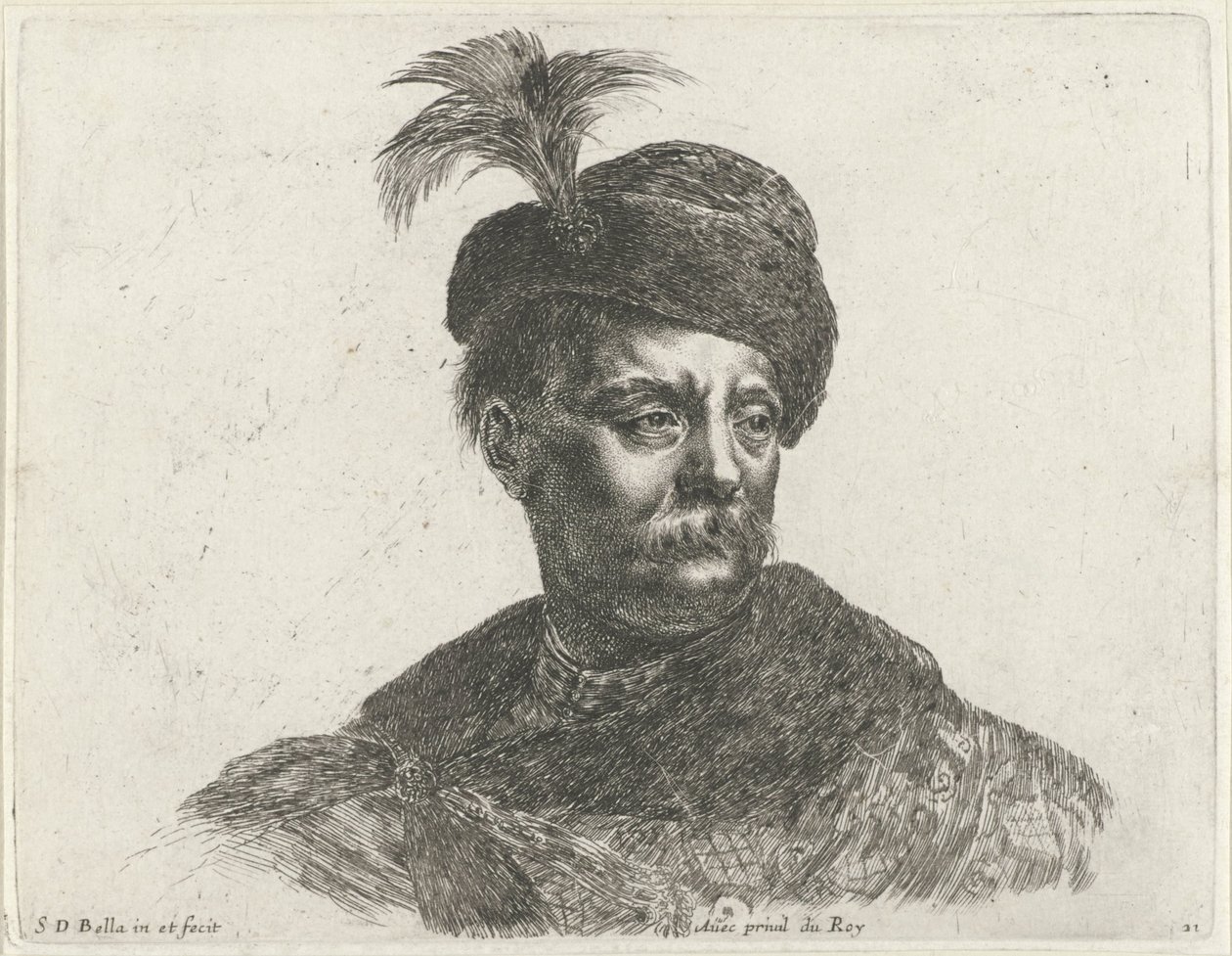 Bajuszos lengyel férfi mellszobra, tollas kalap A rajz alapjai (sorozat címe) I principii del disegno (sorozat címe) alkotó: Stefano della Bella