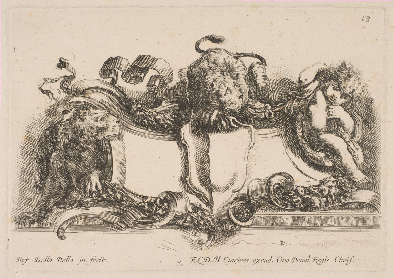 Oroszlánnal felülírt, oroszlán és gyermek által keretezett üres pajzsot tartalmazó karton, 1646. alkotó: Stefano della Bella