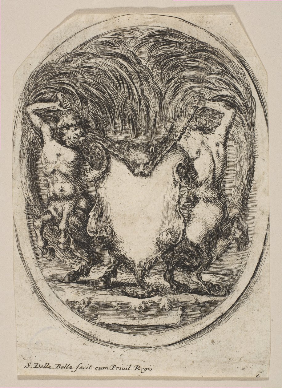 Két kentaur által körülvett tigrisbőr alkotta kartotus, 1647. alkotó: Stefano della Bella
