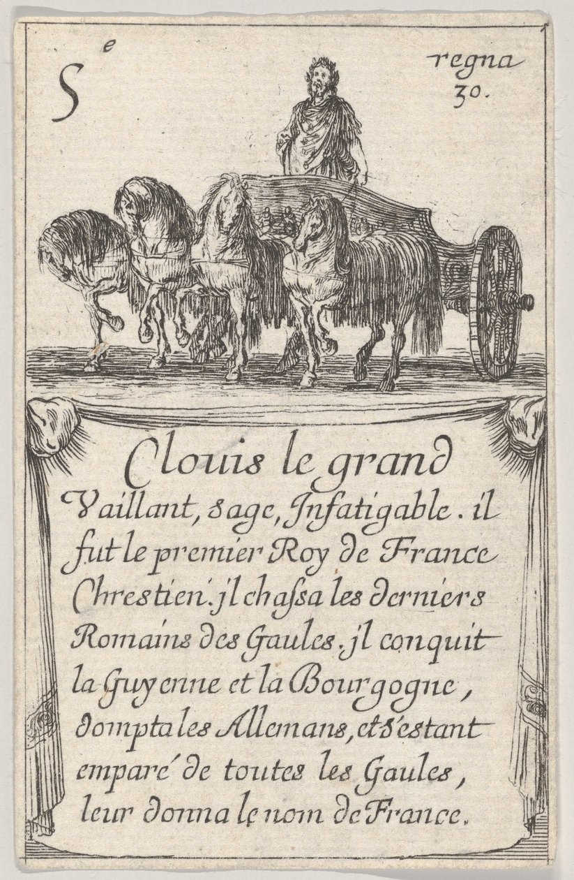 Clovis le grand Vaillant, bölcs..., A francia királyok játéka Jeu des Rois de F..., 1644-ből. alkotó: Stefano della Bella