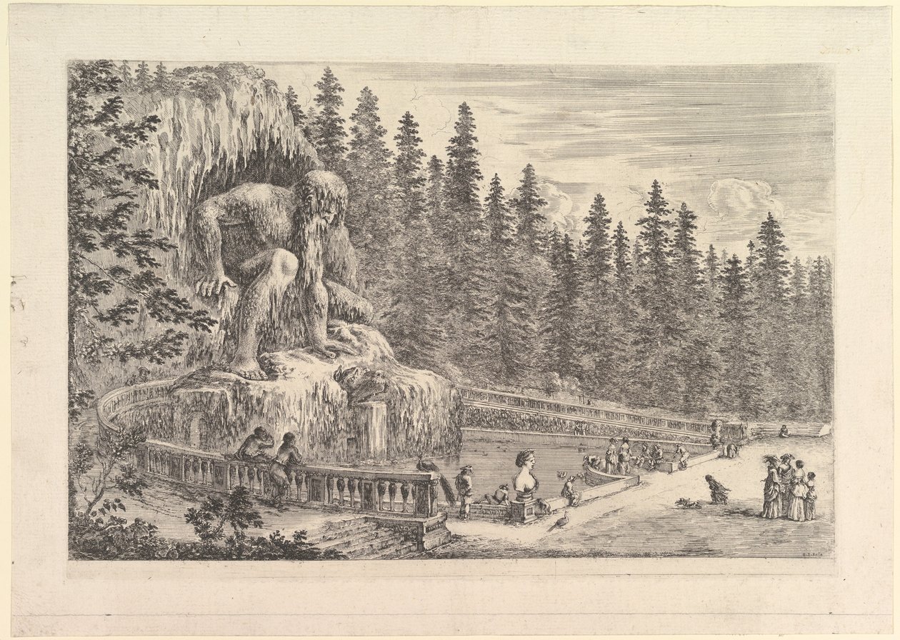 Az Appenino kolosszális szobra Giambolognánál balra, óriási gubacsként ábrázolva..., kb. 1653. alkotó: Stefano della Bella