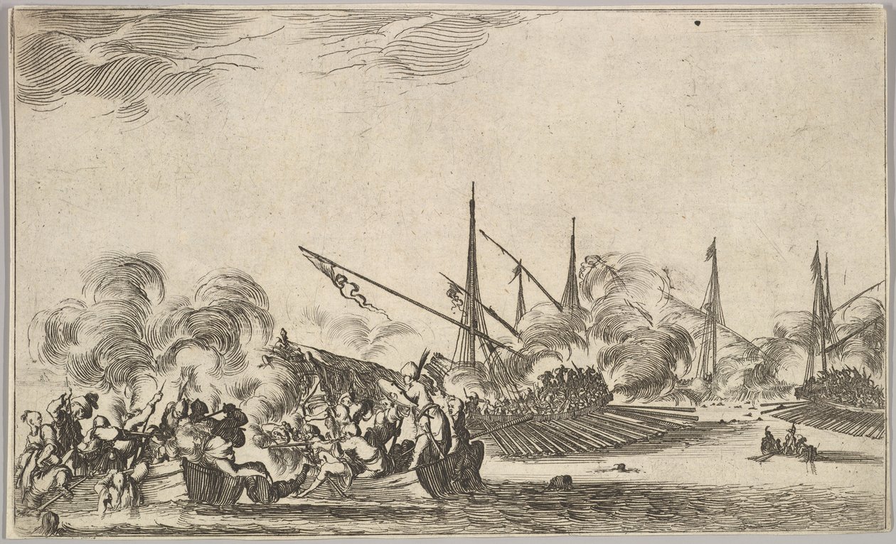 Harc több evezős csónak és hajó között, két embercsoport balra harcoló evezős csónakokban..., 1639. alkotó: Stefano della Bella