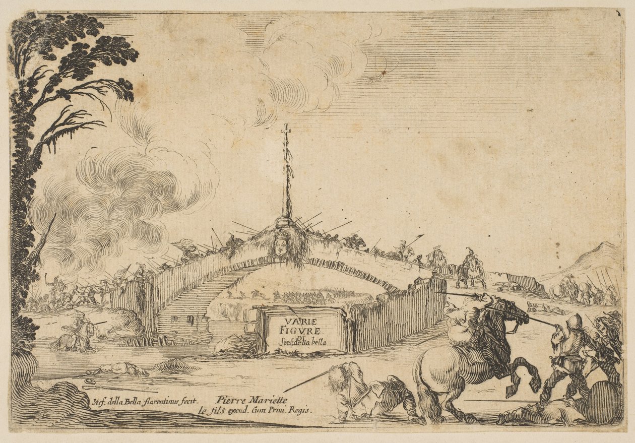 Harc a hídon, egy lovas és két gyalogos harcol kardokkal a jobb alsó sarokban..., kb. 1645. alkotó: Stefano della Bella