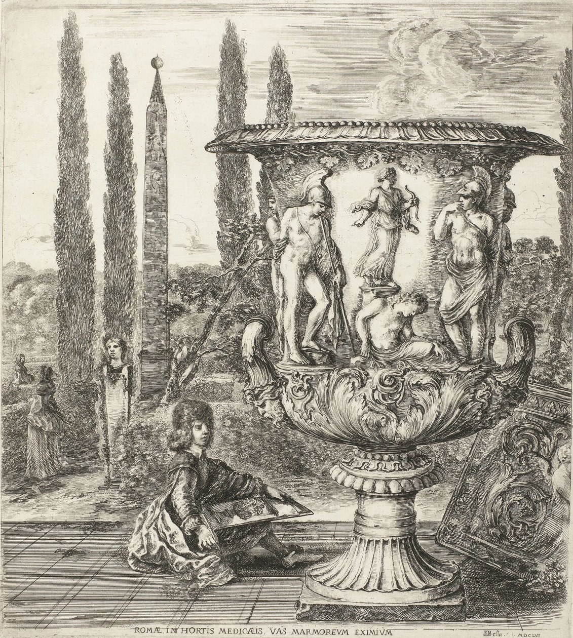 De Jonge Cosimo III de Medici tekent de Medici-vaas Róma, a Medici kertekben, kivételes márvány (cím a tárgyon) Gezichten op Rome en omgeving (sorozat címe) Six grandes vues, dont quatre de Rome et deux de la Campagne romaine (sorozat címe) alkotó: Stefano della Bella