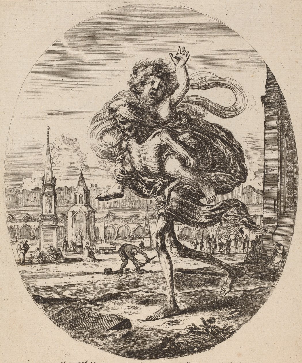 A Halál gyermeket hord balra, valószínűleg 1648. alkotó: Stefano della Bella