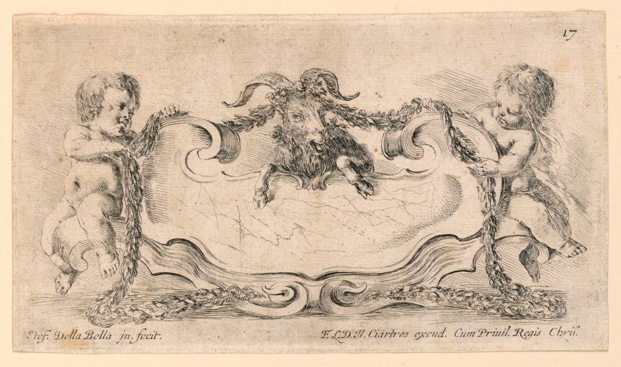 Escutcheon, No. 17. a "Különféle szeszélyek gyűjteménye és a mappák és dísztárgyak kilenc találmánya" alkotó: Stefano della Bella