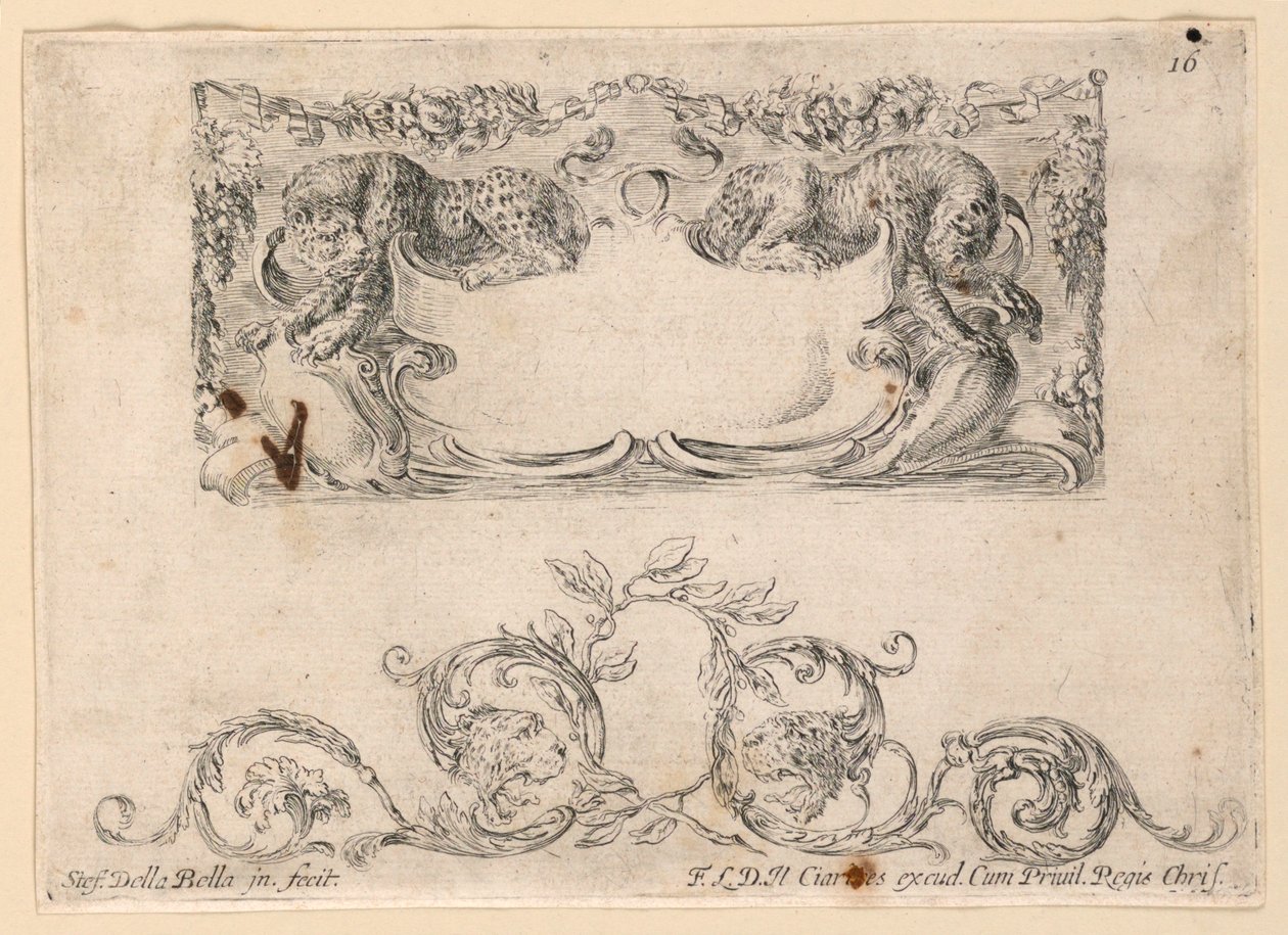 Escutcheon, Rinceaux, No. 16 a "Különféle szeszélyek gyűjteménye és a mappák és dísztárgyak kilenc találmánya" alkotó: Stefano della Bella
