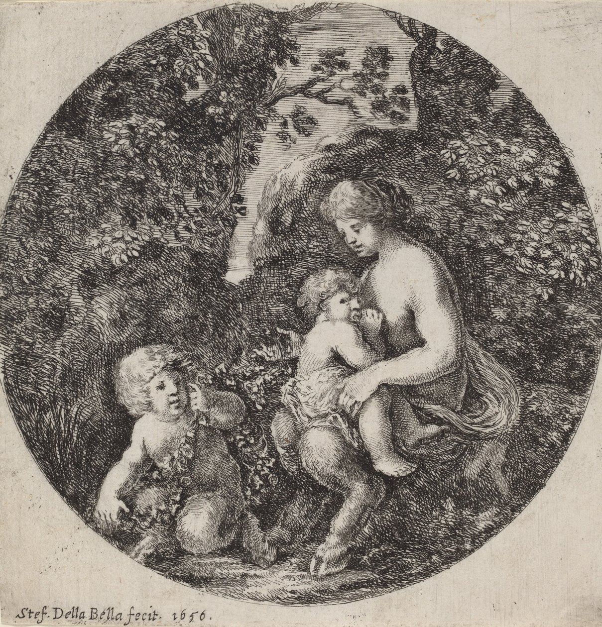 Női szatír, aki gyermeket szoptat egy erdős tájon, 1656. alkotó: Stefano della Bella