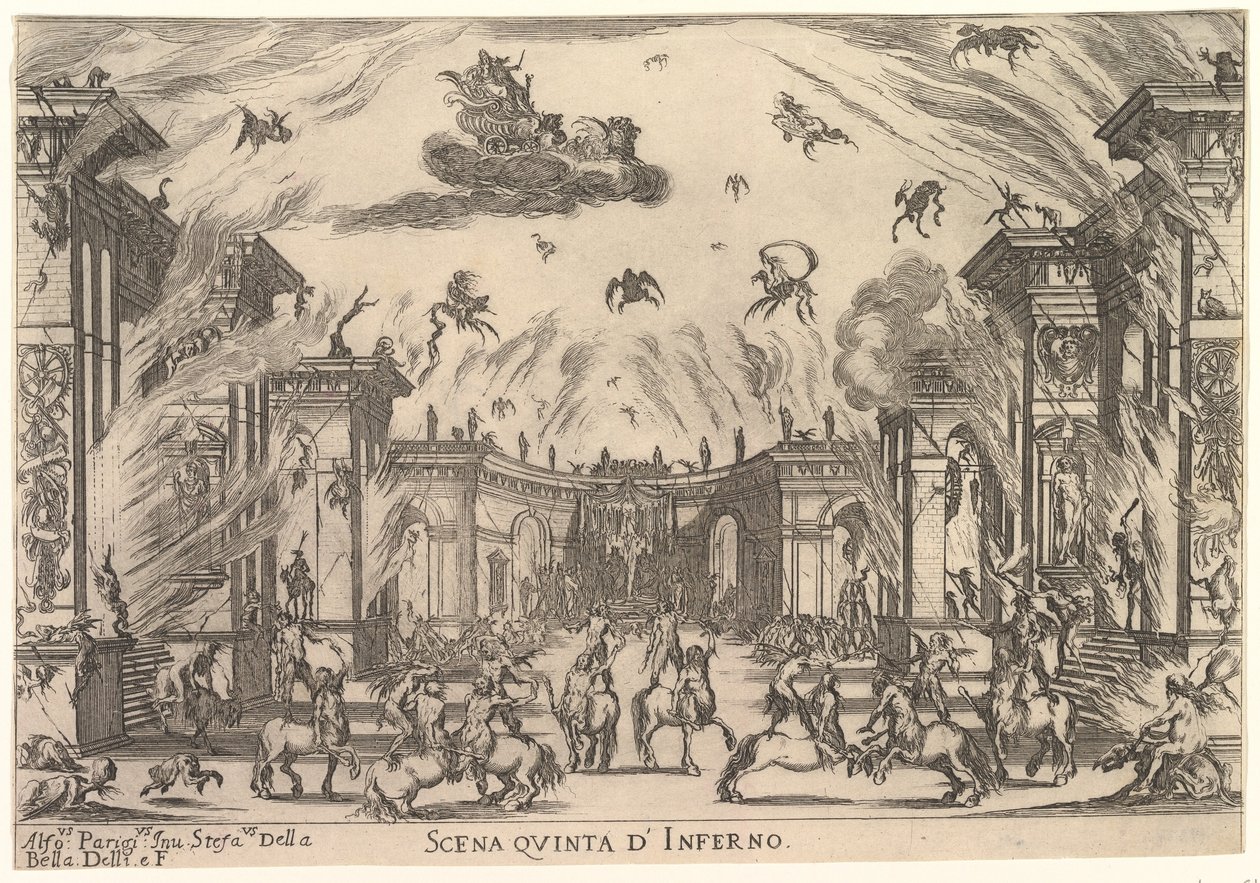 Ötödik jelenet, az Inferno, Az istenek házassága Le nozze degli Dei, 1637-ből. alkotó: Stefano della Bella