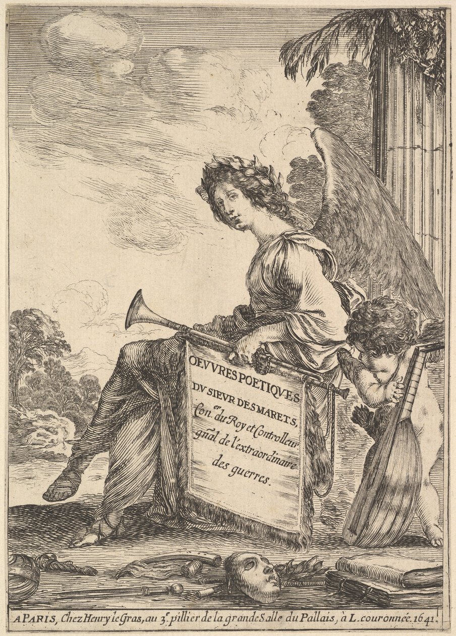 Frontispiece for Poems by Desmarets Oeuvres poétiques de Desmarets: egy szárnyas nő rep..., 1641. alkotó: Stefano della Bella