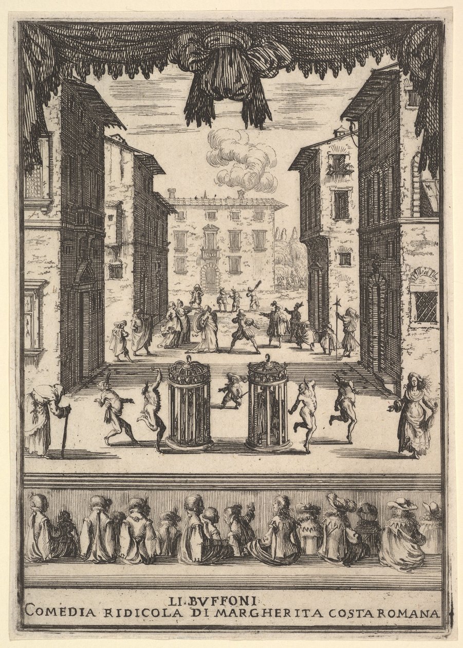 A The Buffoons Li Buffoni című vígjáték frontképe, pu...-ra emlékeztető díszlet, 1639-41. alkotó: Stefano della Bella