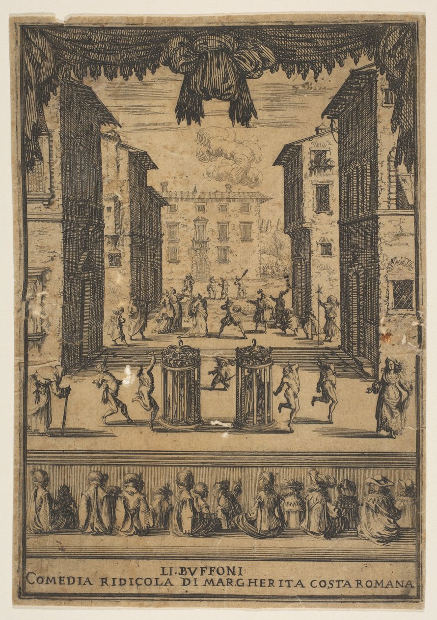 A The Buffoons Li Buffoni című vígjáték elődje, egy p...-re emlékeztető színpadi díszlet, kb. 1639. alkotó: Stefano della Bella