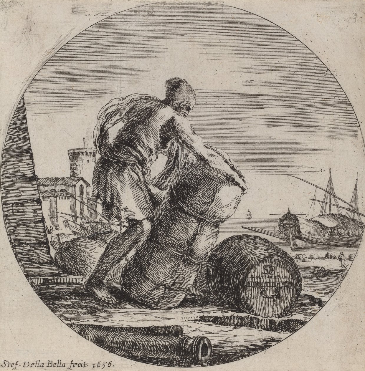 Hajórakományt szállító gályarab, 1656. alkotó: Stefano della Bella