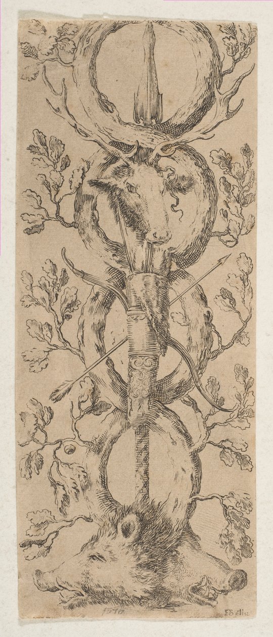 Egy szarvas és két vaddisznó fejei Rinceaux of Oak Branches-ban, kb. 1653. alkotó: Stefano della Bella