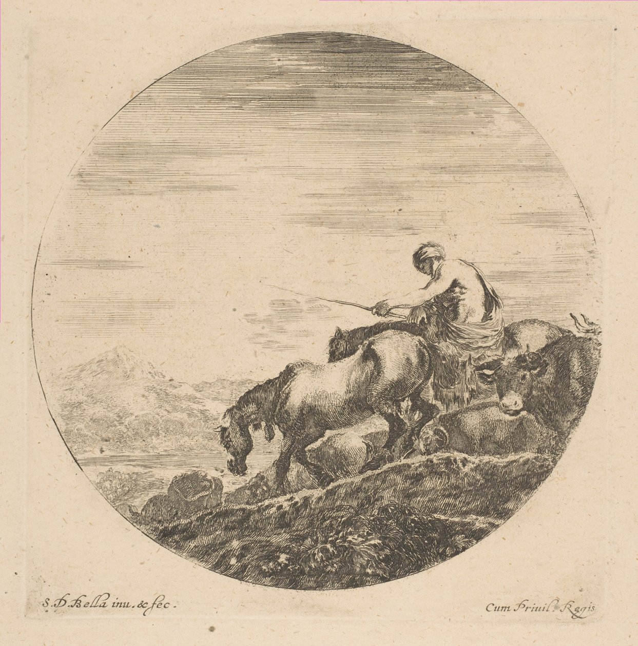 Pásztor lóháton állatokat hajt, kb. 1646. alkotó: Stefano della Bella