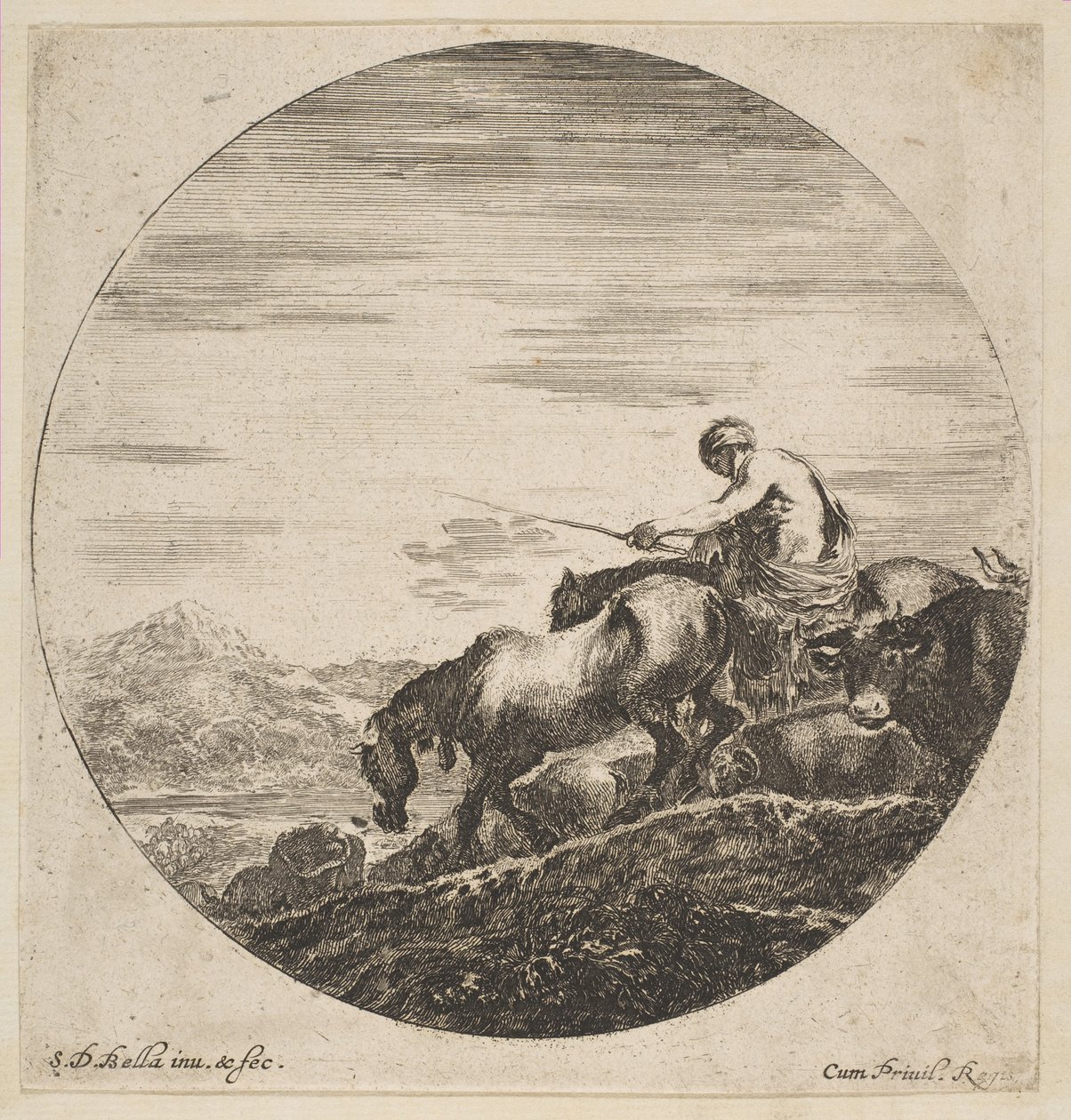 Pásztor lóháton hajtja az állatokat, hat állatból Hat sujets danimaux, kb. 1646. alkotó: Stefano della Bella