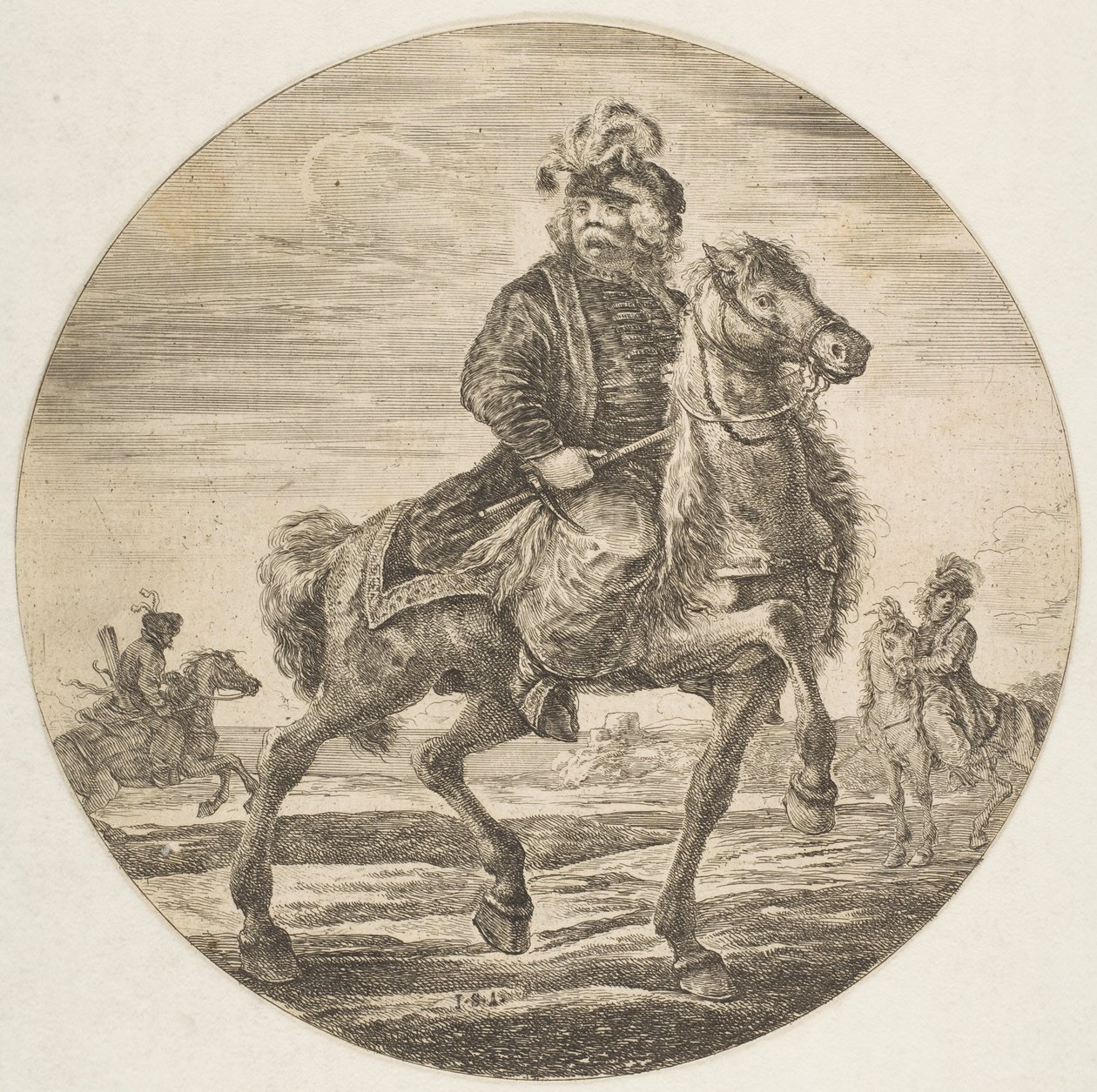 Magyar lovas lovaglás jobbra, háttérben más lovasok, cirkó..., kb. 1651. alkotó: Stefano della Bella