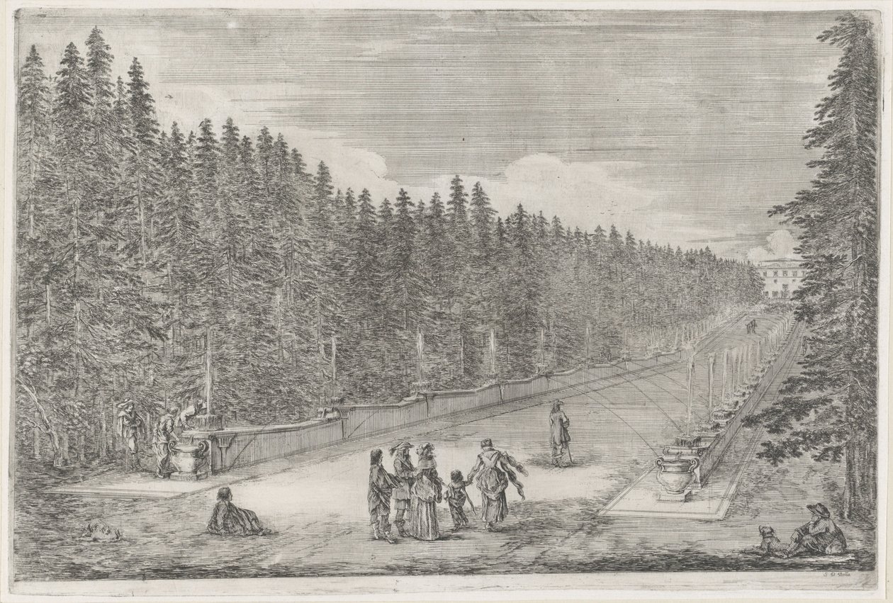 Tér szökőkutakkal a Villa Pratolino kertjében A Villa Pratolino (sorozat címe) Vues de la villa de Pratolino (sorozat címe) alkotó: Stefano della Bella