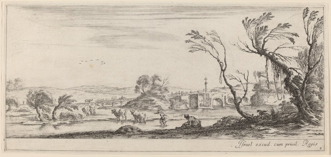 Táj a patakon átkelni készülő parasztokkal, 1647-ben vagy előtte. alkotó: Stefano della Bella