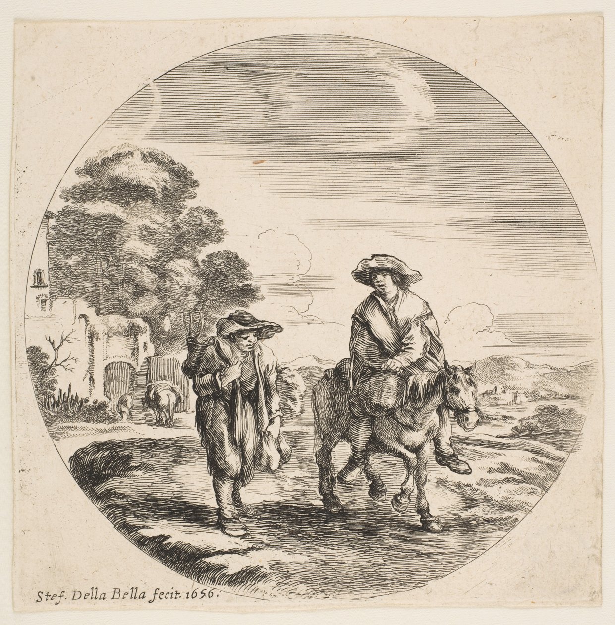 Táj két paraszttal, egy lovon ülve, tájakról és tengeri kikötőkből Paysages ..., 1656. alkotó: Stefano della Bella