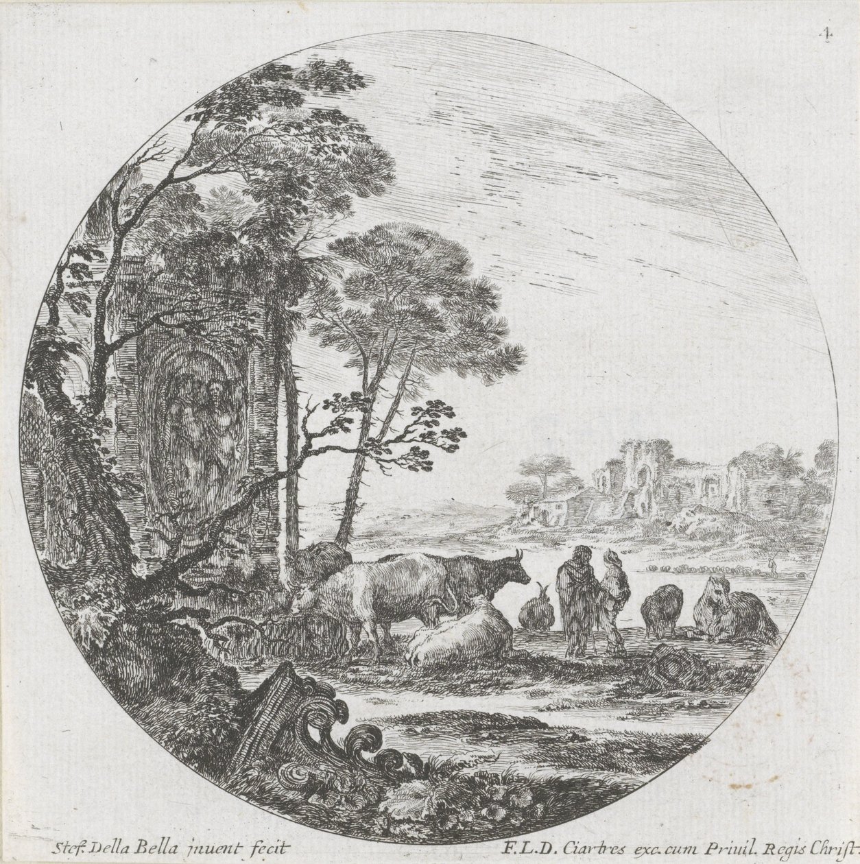 Táj csordával és korinthoszi tőkével Tájak és romok Rómában (sorozat címe) Paysages et ruines de Rome (sorozat címe) alkotó: Stefano della Bella