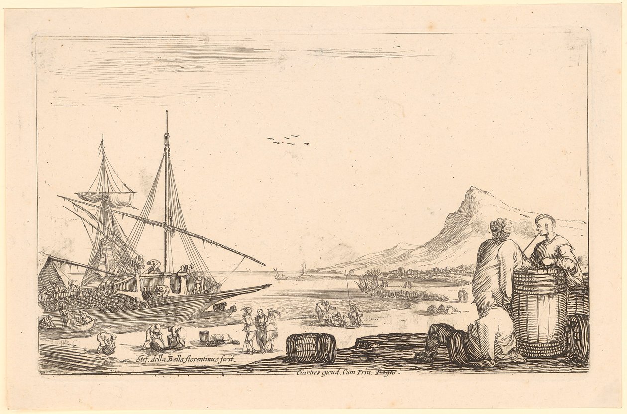 Bal oldalon egy gálya, jobb oldalon három gályarab egy hordó mellett, a „Különféle alakok” sorozat 7. lapja alkotó: Stefano della Bella