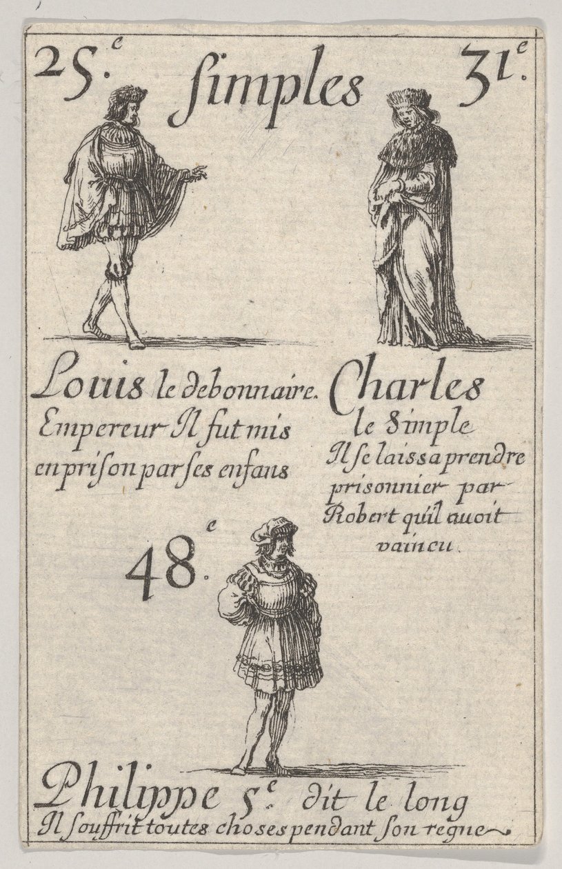 Louis le debonnaire... Charles le Simple, a Játék a francia királyok játékából Jeu des Rois..., 1644. alkotó: Stefano della Bella
