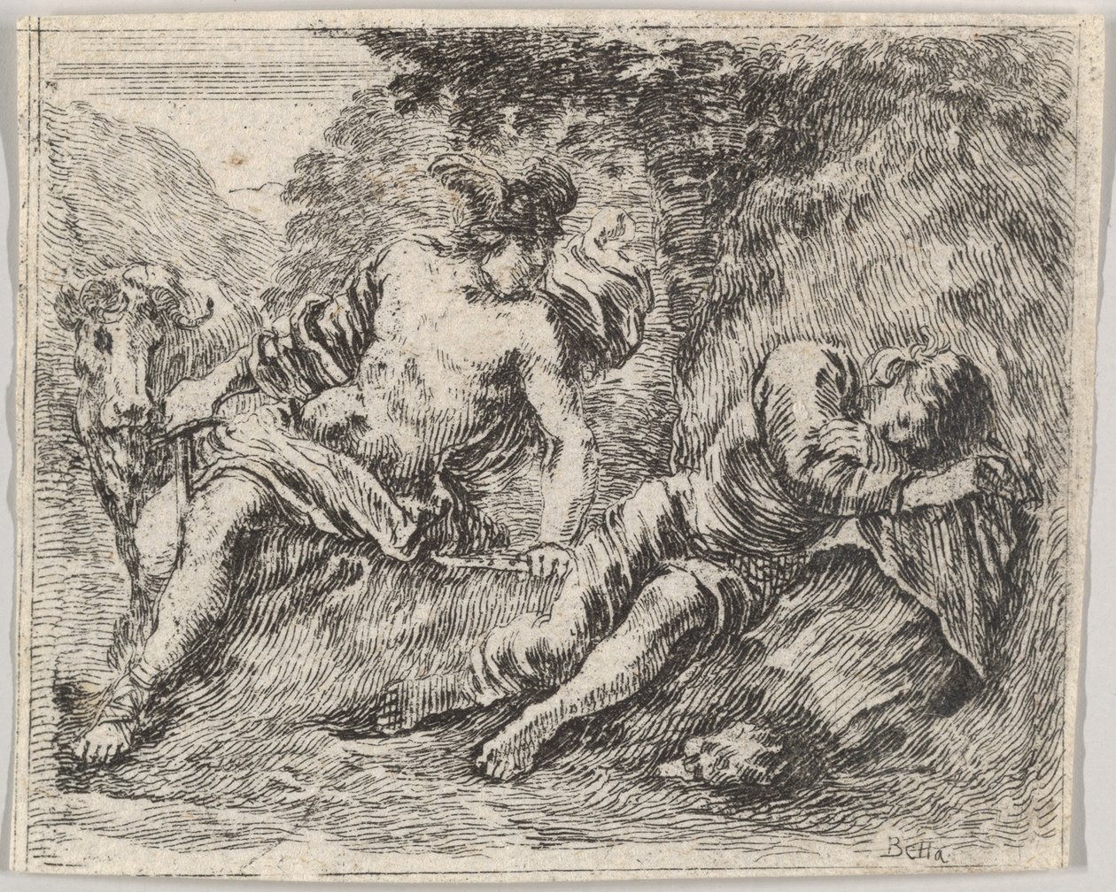 Merkúr és Argos, a Game of Mythology Jeu de la Mythologie-ból, 1644. alkotó: Stefano della Bella