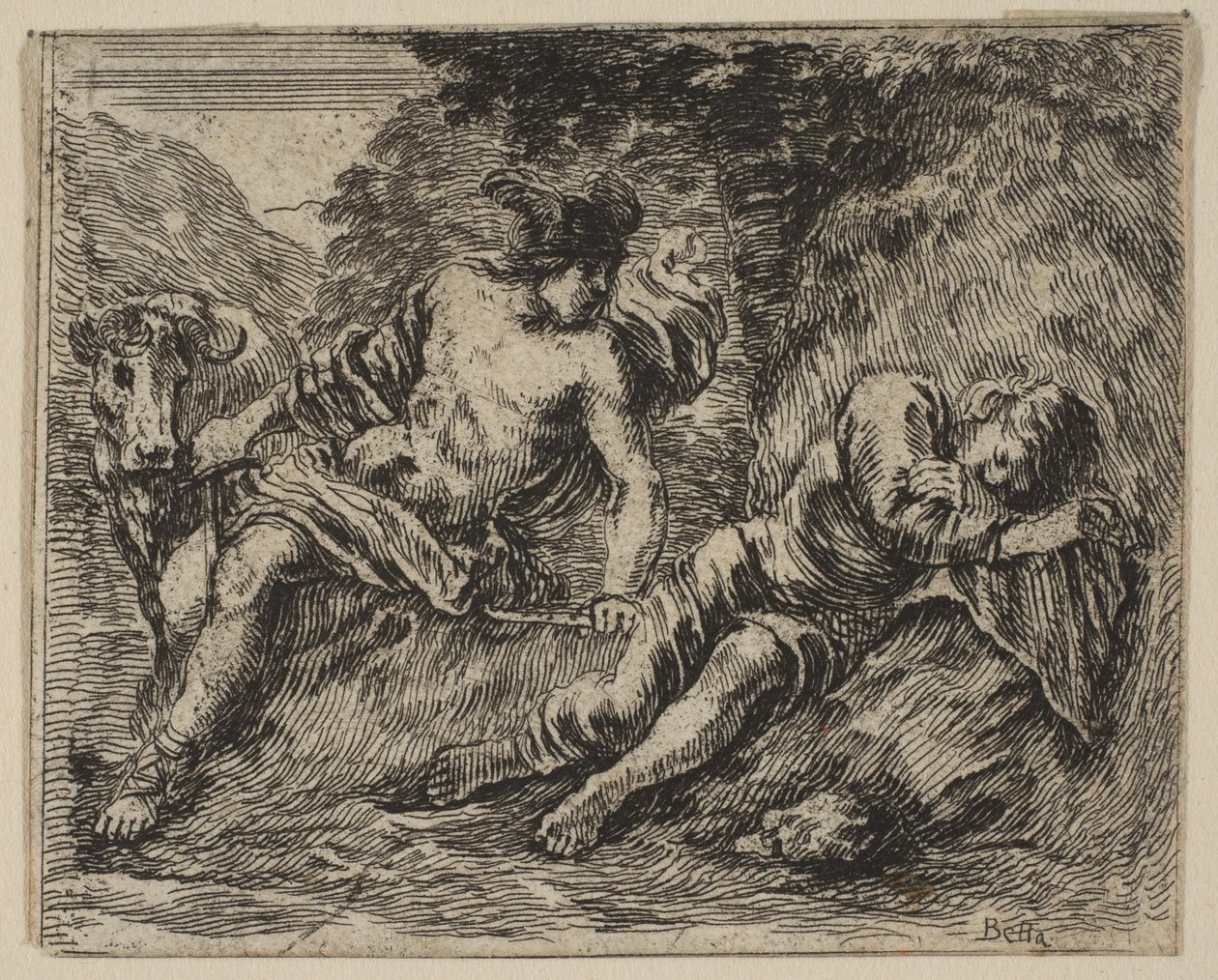 Merkúr és Argus, a Game of Mythology Jeu de la Mythologie-ból, 1644. alkotó: Stefano della Bella