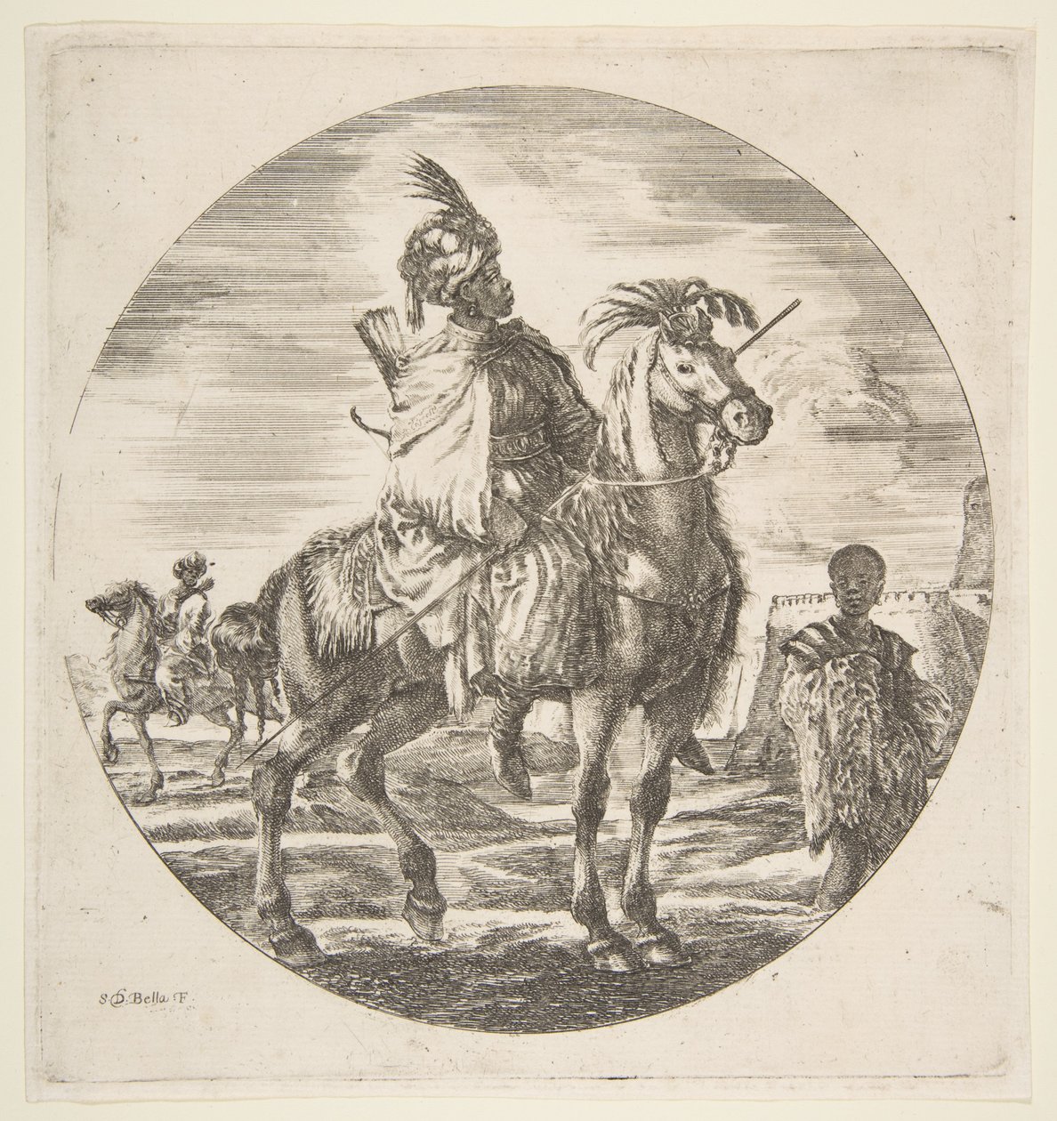 Mór lovas profilban jobbra, egy fekete rabszolga szőrmével jobbra, egy másik..., kb. 1651. alkotó: Stefano della Bella