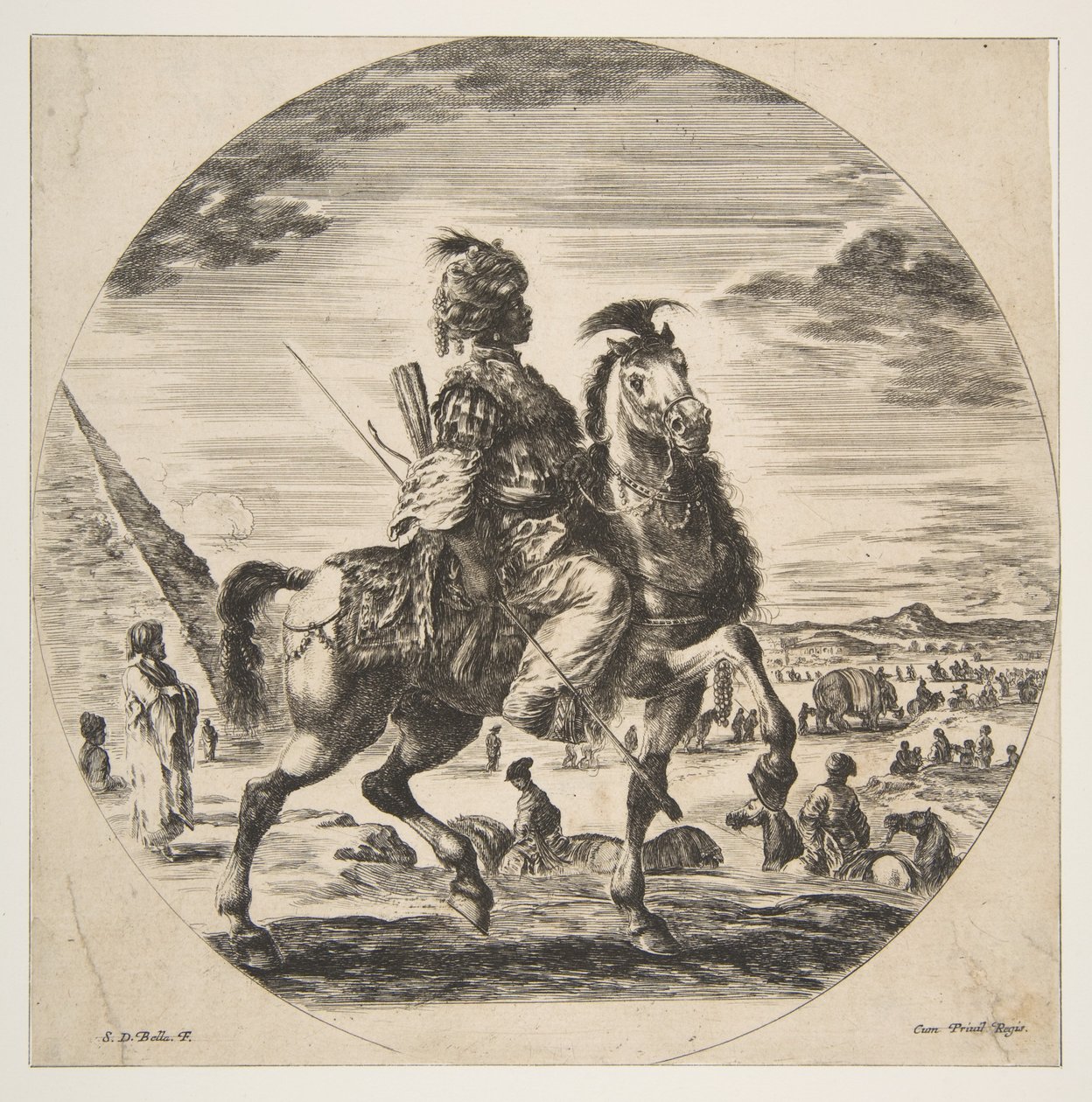 Mór lovas profilban jobbra, háttérben balra piramis, sok fi..., kb. 1651. alkotó: Stefano della Bella