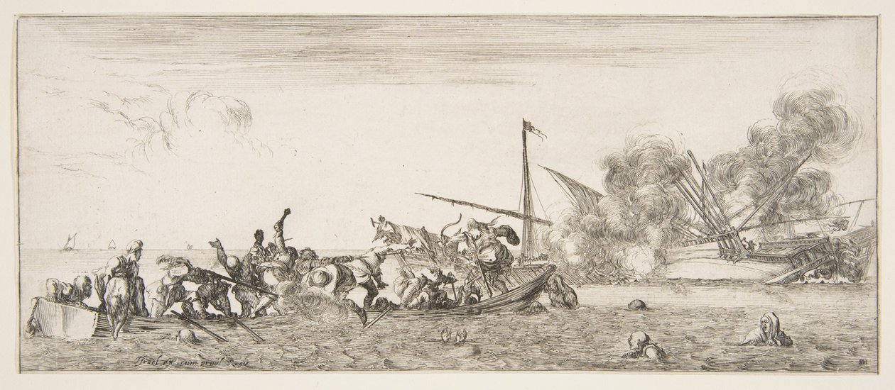 Tengerészeti csata, balra egy evezős csónak muskétákkal harcoló emberekkel, emberek fulladnak meg..., kb. 1641. alkotó: Stefano della Bella