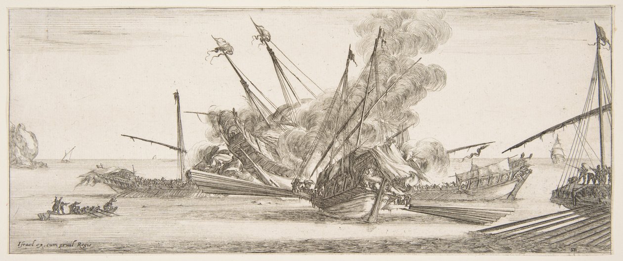 Tengerészeti harc, egy hajó a közepén, hátulról nézve, négy ellenséges hajóra lő, egy másik ..., kb. 1641. alkotó: Stefano della Bella