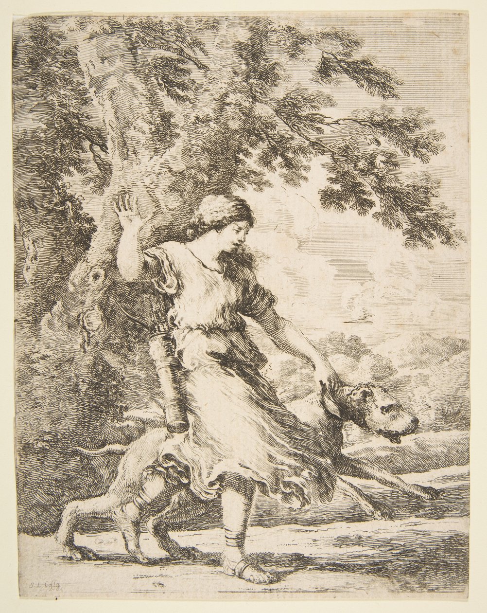 Nymfa egy nagy kutyát a nyakörvnél tartva, kb. 1654. alkotó: Stefano della Bella