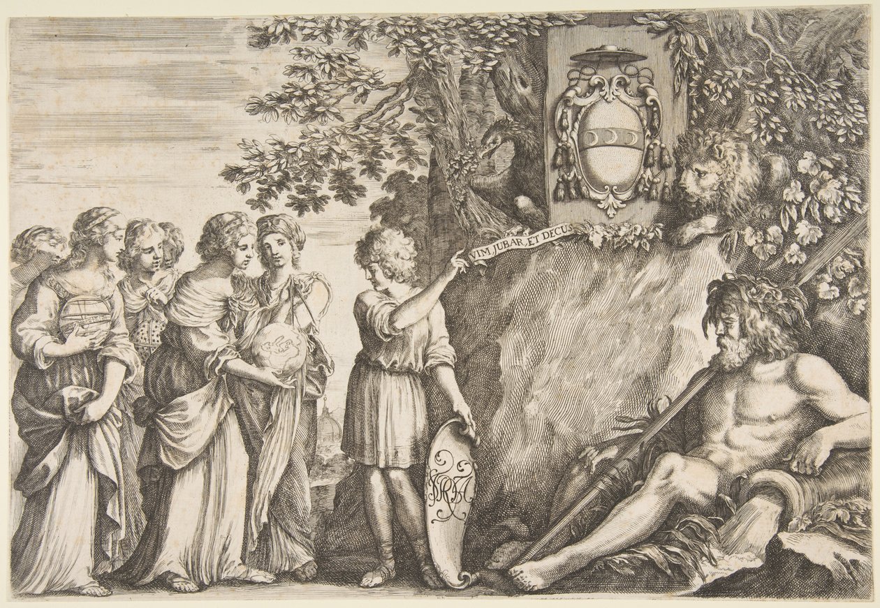 Díszterv egy szakdolgozathoz, felül a Strozzi-címer, kb. 1660. alkotó: Stefano della Bella