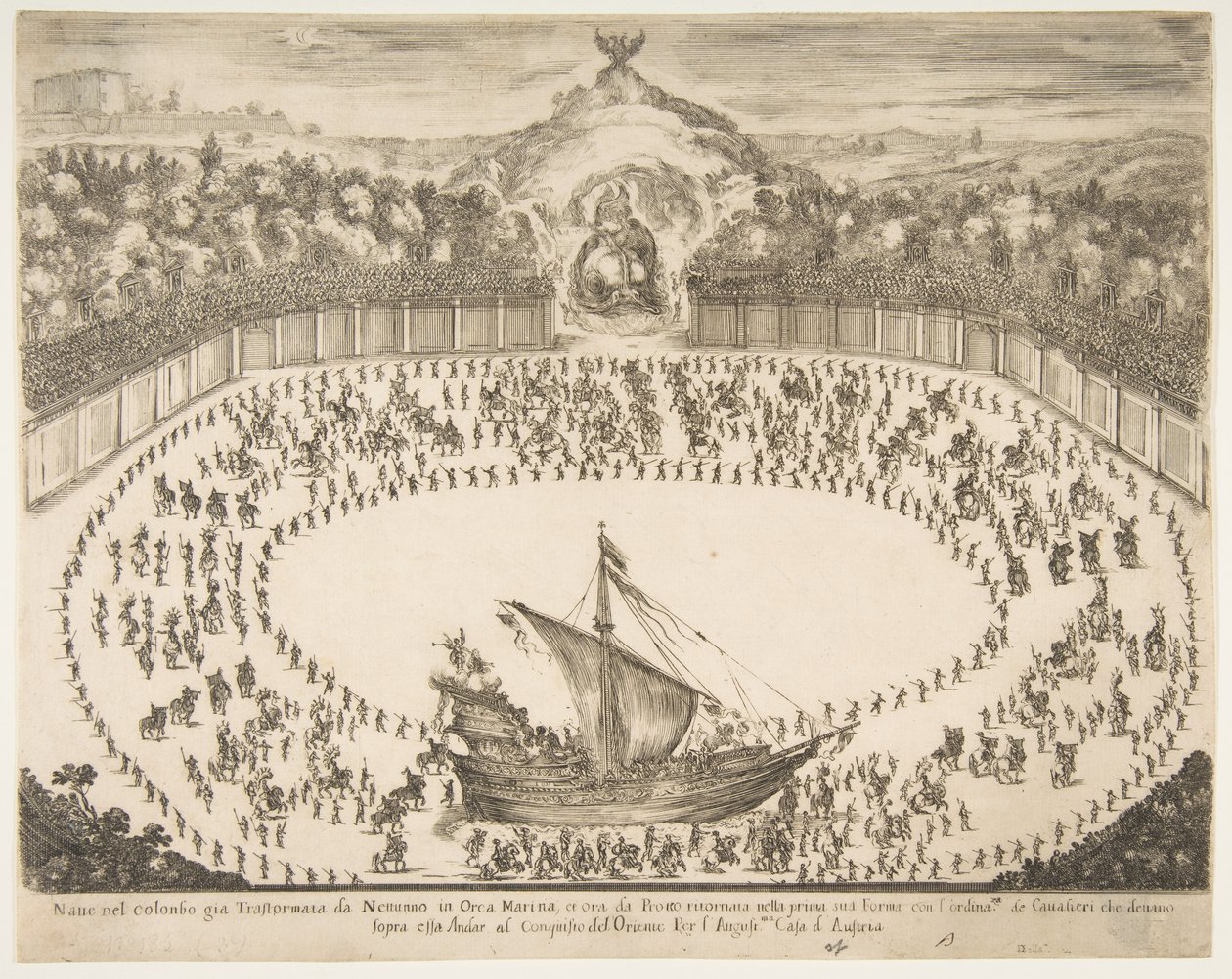 Hajó formájú parádés úszó, tetején Modena nagyhercegének címere, 1652. alkotó: Stefano della Bella