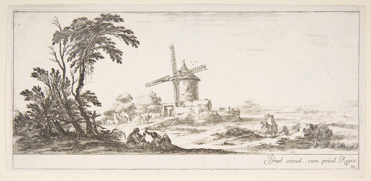 10. tábla: az előtérben egy család, a középsőben különböző figurák és lovak, a..., kb. 1641. alkotó: Stefano della Bella