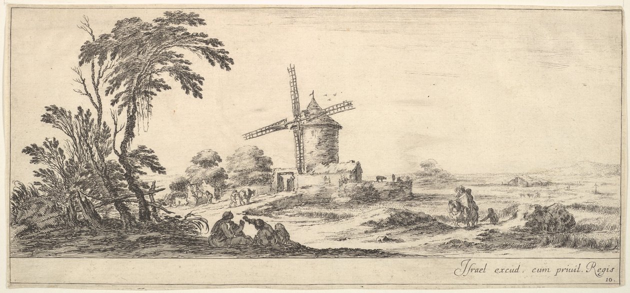 10. tábla: az előtérben egy család, a középsőben különböző figurák és lovak, a..., kb. 1641. alkotó: Stefano della Bella