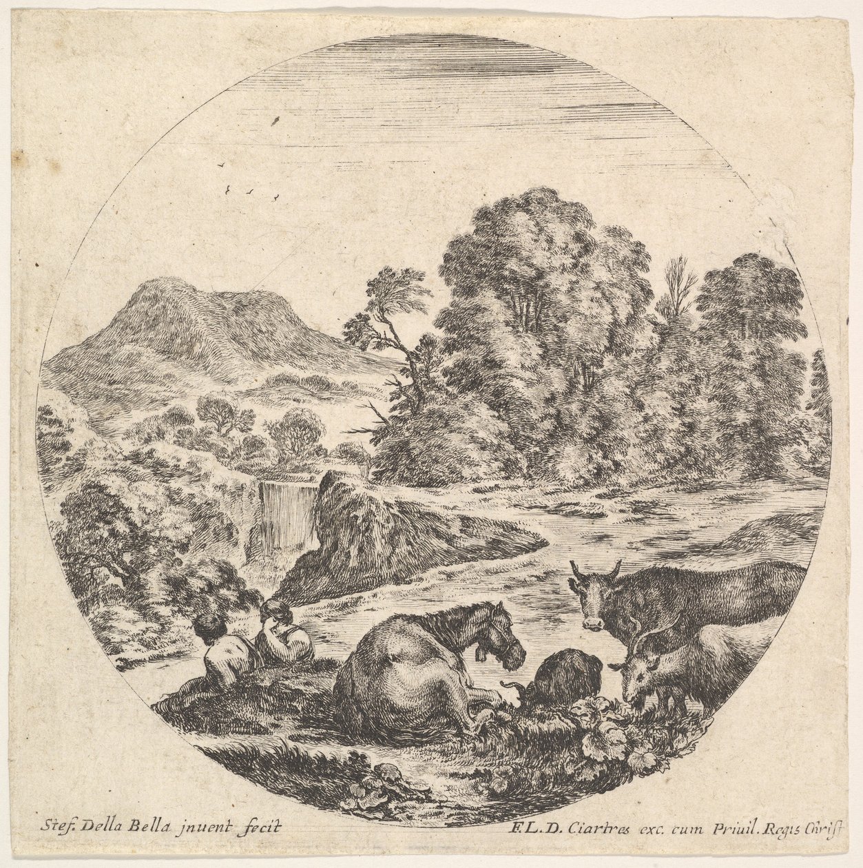 10. tábla: egy ló fekszik középen, egy tehén és két kecske jobbra, két ülős..., kb. 1643-48. alkotó: Stefano della Bella