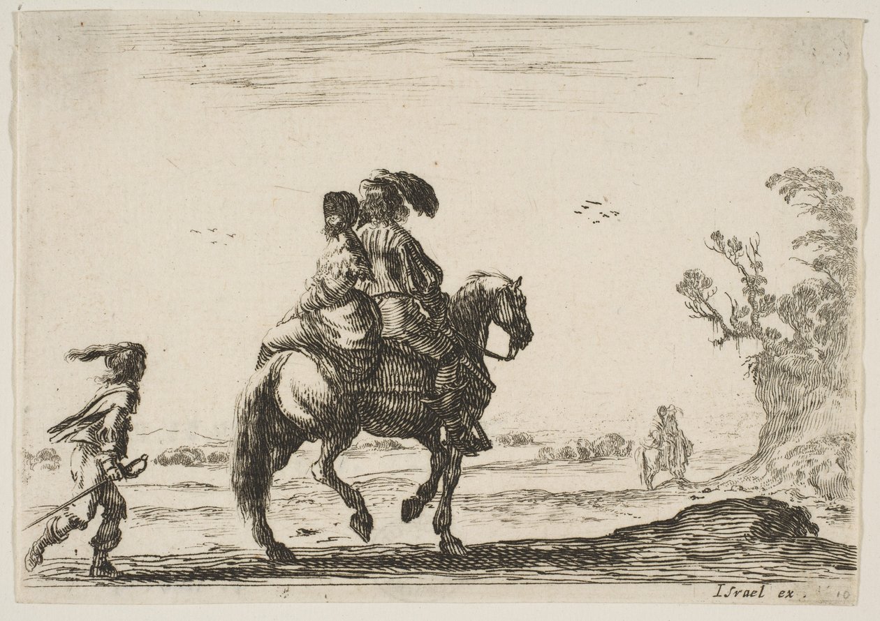 10. tábla: egy lovas és egy nő, hátulról, jobbra lovagol egy fiatal ..., 1642. alkotó: Stefano della Bella